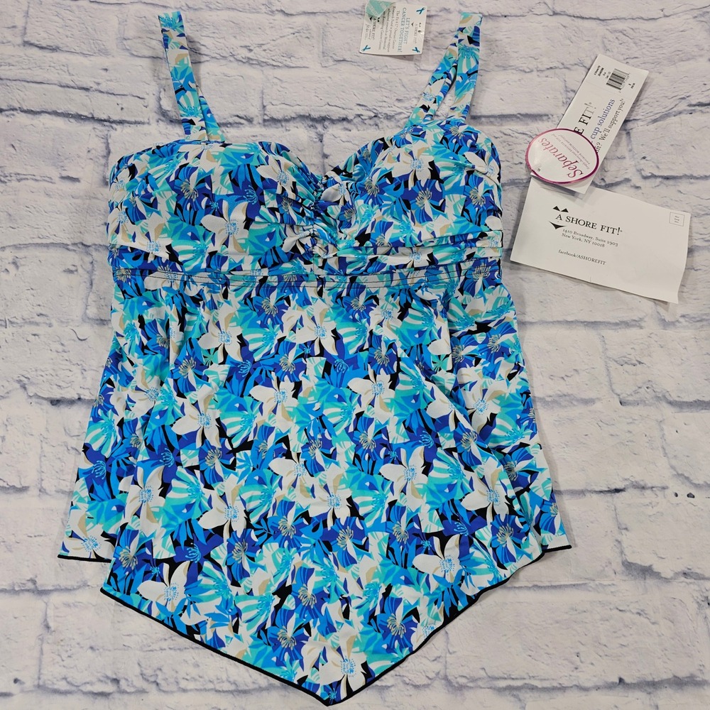 A Shore Fit Tankini Top Women Size 8 Blue Floral Sharkbite Hem Ruched Swimwear